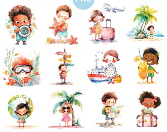 Collectie aquarel cartoon kindervakantie png-clipart, zomeractiviteiten, kinderen reizen clipart, vakantieillustratie