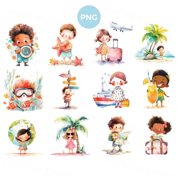 Collection of watercolor cartoon kids vacation PNG clipart, summer activities, children traveling clipart, vacation illustration