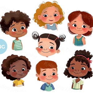 Set of cartoon kids avatars PNG clipart, multinational happy children faces clip art, digital download
