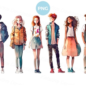 Cartoon tieners png-clipart. Jongeren staan op een rij. Jongens en meisjestiener in vrijetijdskleding. Aquarel portret. Digitale download
