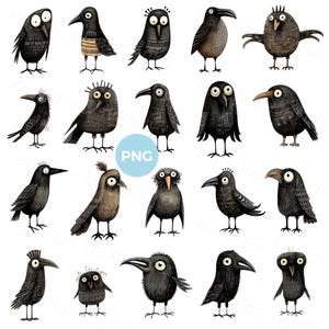 May include: A collection of whimsical, cartoon-style illustrations of crows in various poses. The crows are primarily black with some brown and tan accents, featuring expressive eyes and unique details. The image has a PNG watermark.