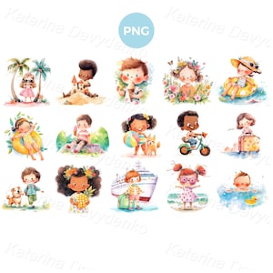Zomerseizoen clipart. Schattige cartoon kleine kinderen op zomervakantie. Zomer aquarel kinderen png clipart. Reisclipart strandvakantie