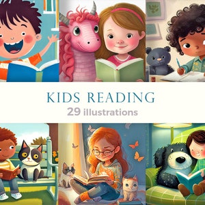 Conjunto de imágenes prediseñadas de niños leyendo libros. Niños y niñas adorables con libros. Descarga digital.