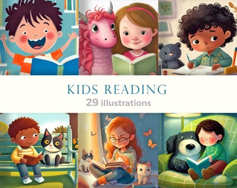 Clipart set of cartoon kids reading books. Cute boys and girls with books. Digital download