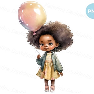 Jolie petite fille afro-américaine aux cheveux bouclés tenant un ballon. Peinture à l'aquarelle. Art de la pépinière. Téléchargement numérique. Enfant PNG clipart