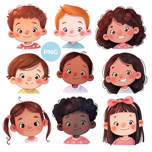 Set cartoon multi-etnische kinderen gezichten png clipart. Lachende kinderhoofden, schattige jongens en meisjes avatars, digitale instant download