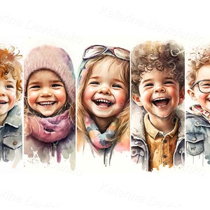 Collection of happy children, Kids faces, laughter boys and girls, smiling little kids watercolor clipart children portraits isolated images
