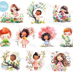 Dessin animé aquarelle printemps clipart avec enfants. Illustration de la saison du printemps. Activités de plein air pour les petits enfants. Ensemble de cliparts enfants et fleurs
