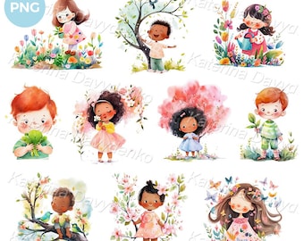 Cartoon watercolor spring clipart set with kids. Spring season illustration. Little children outdoor activities. Kids and floral clipart set