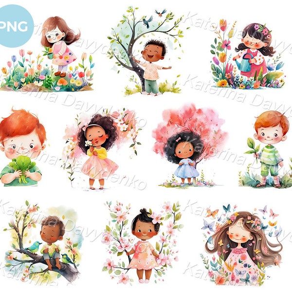 Cartoon watercolor spring clipart set with kids. Spring season illustration. Little children outdoor activities. Kids and floral clipart set