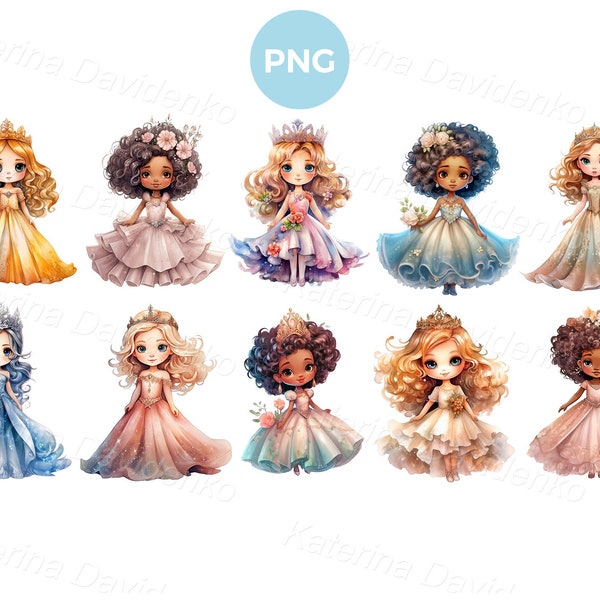 Cartoon princess PNG clipart set, cute little girls in princess dresses with crowns, digital download, commercial use