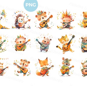 Cute cartoon animals playing guitars and singing songs. Animals musician PNG clipart. Isolated watercolor illustrations Sticker for children