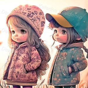 Cute little anime children in winter clothes on a walk, two cartoon girl, autumn watercolor painting, nursery art, printable art