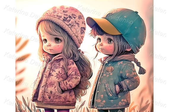 Cute Little Anime Children in Winter Clothes on a Walk, Two