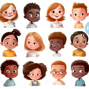 Colección de adorables avatares infantiles PNG. Conjunto de rostros infantiles, niños y niñas. Descarga digital.