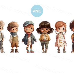Lindos niños y niñas de dibujos animados con diferentes prendas casuales de primavera. Clipart PNG de acuarela aislado de niños en edad preescolar. Niños en fila