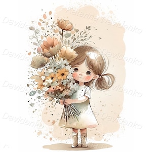 Cartoon little girl with bouquet of flowers, soft color. Nursery art, digital download. Watercolor painting.