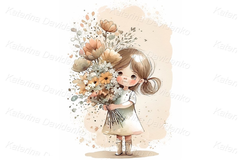 May include: A young girl with brown hair holding a bouquet of flowers. The flowers are a mix of light brown, yellow, and white. The girl is wearing a white dress and brown shoes. The background is a light brown watercolor wash.