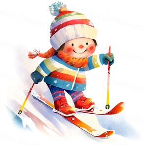 May include: A cartoon illustration of a child wearing a red and white striped hat, a blue and yellow striped jacket, and red mittens skiing down a snowy slope. The child is holding two ski poles and smiling.