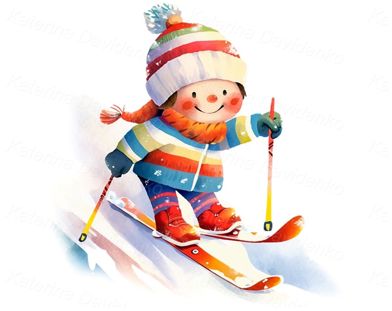 May include: A cartoon illustration of a child wearing a red and white striped hat, a blue and yellow striped jacket, and red mittens skiing down a snowy slope. The child is holding two ski poles and smiling.