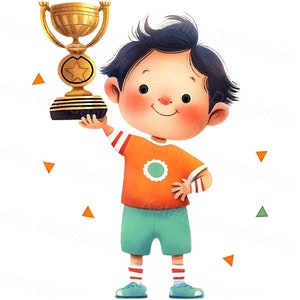 May include: A smiling child holding a gold trophy with a star on it. The child is wearing an orange shirt with a green circle on it, blue shorts, and white socks with red stripes.