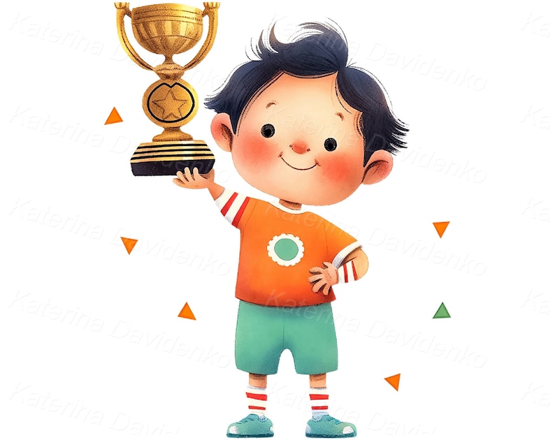 May include: A smiling child holding a gold trophy with a star on it. The child is wearing an orange shirt with a green circle on it, blue shorts, and white socks with red stripes.