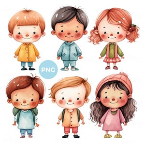 Niños de jardín de infantes de dibujos animados, imágenes prediseñadas de niños PNG aislados. Lindos niños pequeños de pie en toda su altura. Conjunto de imágenes prediseñadas para niños en edad preescolar, descarga digital