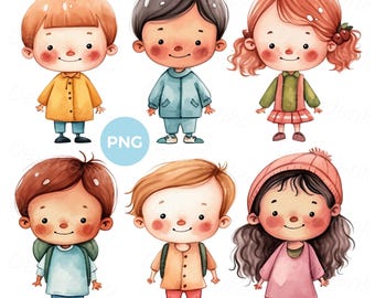 Cartoon kindergarten kids, isolated PNG children clipart. Cute little kids standing full height. Preschooler clip art set, digital download
