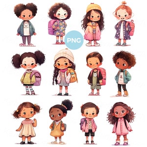 Set of cartoon multinational schoolgirls with backpacks. Cute little girls standing in spring clothes. Happy kids PNG clipart, child sticker