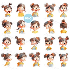 Verzameling gezichtsuitdrukkingen van schattige kleine cartoonmeisje clipart. Set van verschillende emoties van het kind. Anime karakter clipart, kindergezicht