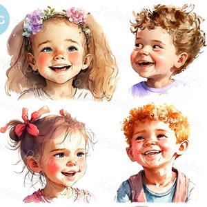 Ensemble de cliparts mignons enfants heureux. Visages d'enfants souriants, garçons et filles PNG clipart. Téléchargement numérique, style aquarelle, portraits d'enfants