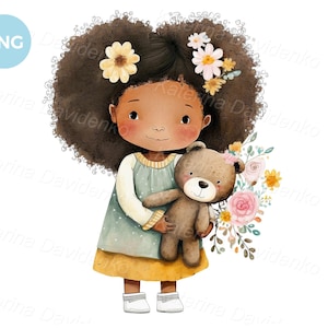 Bambina carina cartone animato con orsacchiotto, arte vivaio, pittura ad acquerello digitale, clipart PNG, ragazza afroamericana con giocattolo