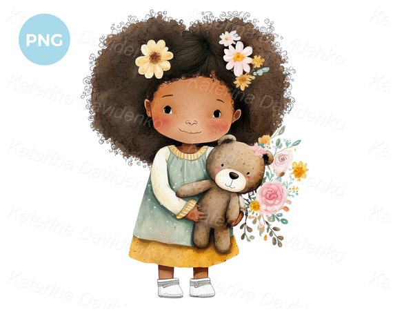 Cartoon cute little girl with teddy bear, nursery art, digital watercolor  painting, PNG clipart, African American girl with toy