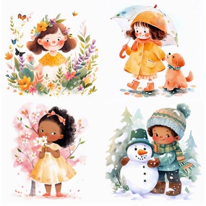 Illustration clipart dessin animé quatre saisons, ensemble d'images météo. Dessin animé mignon pour petits enfants, activités de plein air, ensemble de cliparts de saison