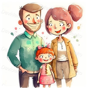 Happy family clipart. Cartoon family portrait, mother and father with daughter. Parents with child standing together, digital download
