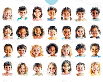 Collection of realistic happy kids heads png clipart. Isolated multinational smiling children faces PNG clipart, boys and girls