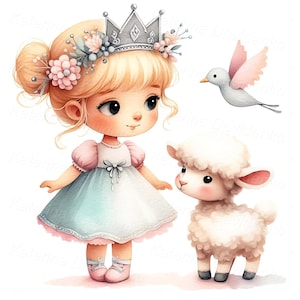 Süßes Prinzessinen Mädchen mit Lamm und Vogel in Pastelltönen. Prinzessin und Lamm Clipart. Perfekt für Kinderzimmerdrucke, Babyeinladungen, Karten, Wandkunst