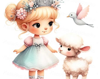 Sweet princess girl with lamb and bird in pastel tones. Princess and Lamb Clipart. Perfect for nursery prints, baby invites, cards, wall art