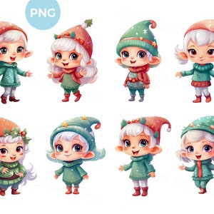 Clipart PNG de niños navideños. Conjunto de lindas niñas de dibujos animados disfrazadas de elfos navideños. Imágenes transparentes de niños navideños.
