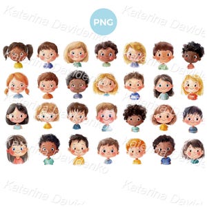 Collection of cartoon happy kids heads png clipart, isolated multinational smiling children faces, boy and girl watercolor avatars, emotions