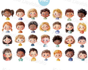 Collection of cartoon happy kids heads png clipart, isolated multinational smiling children faces, boy and girl watercolor avatars, emotions