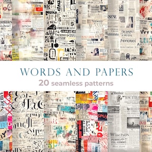 May include: A collage of vintage newspaper clippings and text fragments in various sizes and fonts. The image features a mix of black, white, red, and yellow hues. Text in the image reads "WORDS AND PAPERS" and "20 seamless patterns".