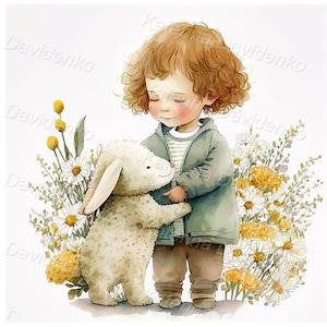 Kid and pet animal clip art image. Cute little boy playing with his dog, printable watercolor painting, instant download, nursery art