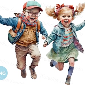 Aquarel kinderen png clipart. Gelukkige jonge geitjes die samen rennen. Grappige kleine jongen en meisje, kinderen png-clipart, digitale download