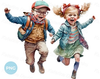 Watercolor children png clipart. Happy kids running together. Funny little boy and girl, kids png clipart, digital download