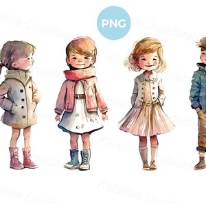 Ilustración de acuarela. Niños de dibujos animados de moda de pie en fila. Niños elegantes con ropa informal. Clipart PNG de niños, descarga digital