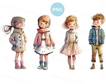 Watercolor illustration. Cartoon fashion kids standing in a row. Stylish children in casual clothes. Kids PNG clipart, digital download