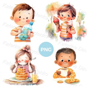 Conjunto de imágenes prediseñadas de niños de dibujos animados Lindo niño y niña comiendo panqueques, helado, pastel y bebiendo agua Niños comiendo imágenes prediseñadas niños con dulces