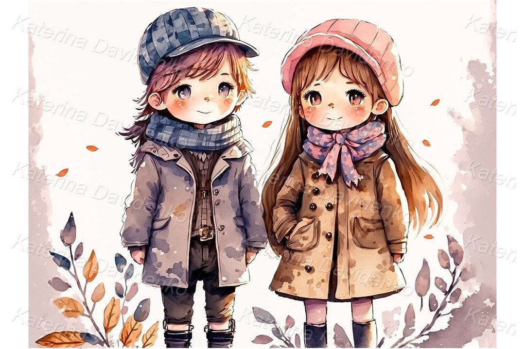 Retrato de dos niñas lindas. Ilustración de imágenes prediseñadas de la  temporada de otoño. Pintura de acuarela para impresión, arte anime, arte