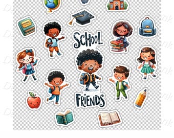 Student Goodnotes stickers Cute cartoon school planner stickers Happy cartoon kids with different school objects Education PNG clipart